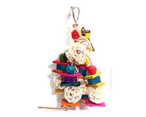 Avi One Bird Toy Leather Rope With Rattan Ball And Coloured Wood Block 57cm