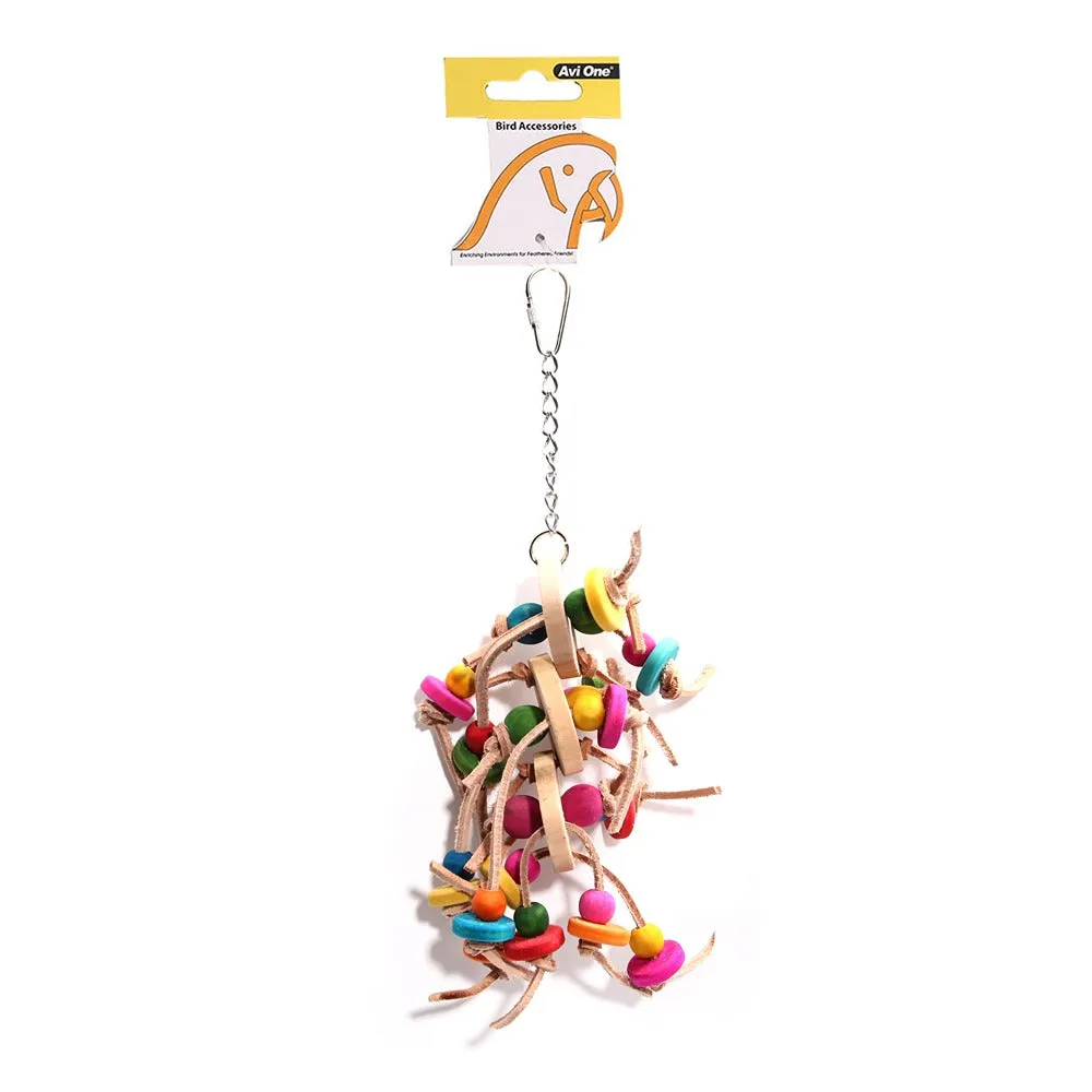 Avi One Bird Toy Leather Rope With Wooden Discs And Coloured Beads