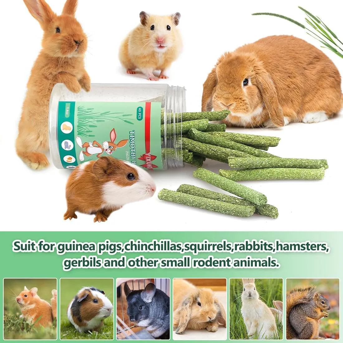 Timothy Hay Sticks Treats for Rabbits,40Pcs Bunny Chew Toys Guinea Pig Toys Hamster Toys Molar Teeth Natural Handmade for Chinchilla Rat Gerbil and Other Small Animals