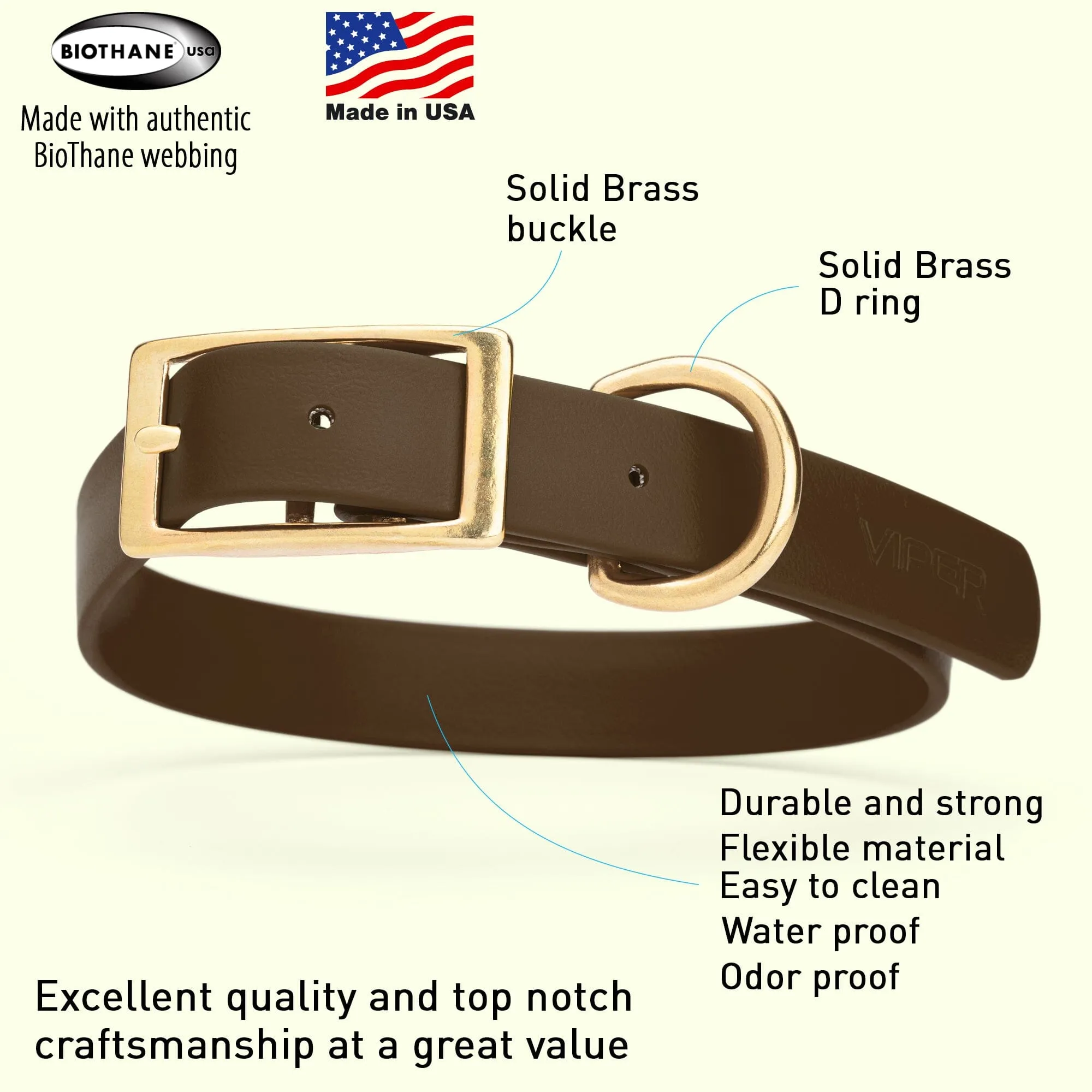Viper Biothane Waterproof Dog Collar - Brass Hardware - Size XL (22" - 25")